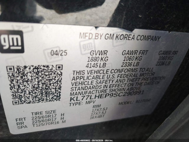 46050602 :رقم المزاد ، KL77LHEP9SC290991 vin ، 2025 Chevrolet Trax Fwd Lt مزاد بيع