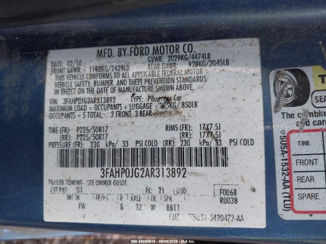 Продаж на аукціоні авто 2010 Ford Fusion Sel, vin: 3FAHP0JG2AR313892, номер лоту: 46050616