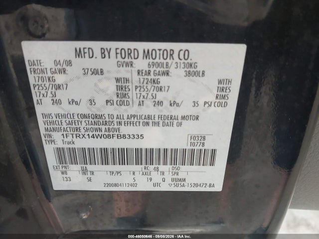 46050646 :رقم المزاد ، 1FTRX14W08FB83335 vin ، 2008 Ford F-150 Stx/xl/xlt مزاد بيع