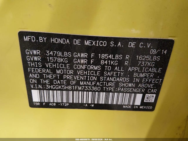 2015 Honda Fit Ex/ex-l მანქანა იყიდება აუქციონზე, vin: 3HGGK5H81FM733360, აუქციონის ნომერი: 46050679