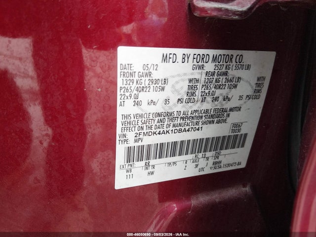 46050690 :رقم المزاد ، 2FMDK4AK1DBA47041 vin ، 2013 Ford Edge Sport مزاد بيع