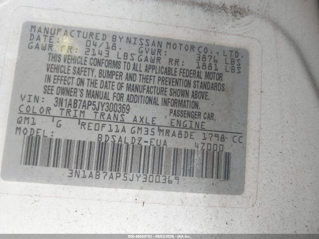 46050703 :رقم المزاد ، 3N1AB7AP5JY300369 vin ، 2018 Nissan Sentra Sv مزاد بيع