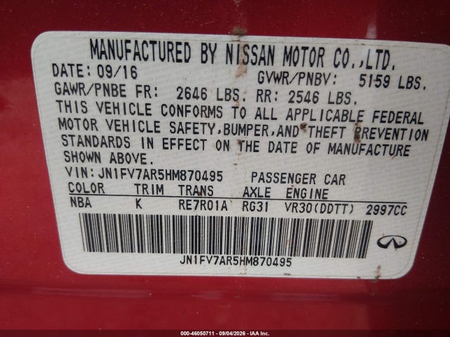 Продажа на аукционе авто 2017 Infiniti Q50 3.0t Red Sport 400, vin: JN1FV7AR5HM870495, номер лота: 46050711
