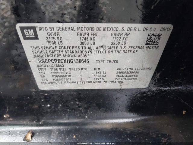 Продаж на аукціоні авто 2017 Chevrolet Silverado 1500 1lt, vin: 3GCPCRECXHG130646, номер лоту: 46050751