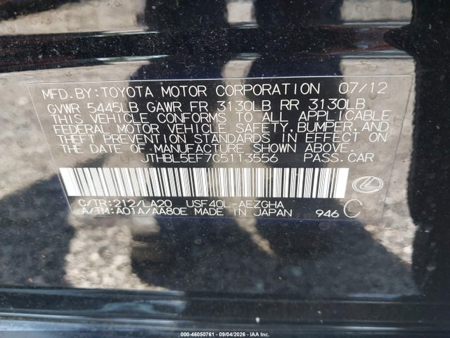 Продаж на аукціоні авто 2012 Lexus Ls 460, vin: JTHBL5EF7C5113556, номер лоту: 46050761