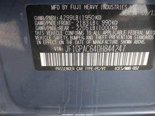 Aukcja sprzedaży 2013 Subaru Impreza 2.0i Premium, vin: JF1GPAC64DH844247, numer aukcji: 46050771