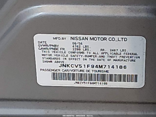 46050792 :رقم المزاد ، JNKCV51F94M714186 vin ، 2004 Infiniti G35x مزاد بيع