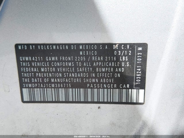 2012 Volkswagen Jetta 2.5l Se მანქანა იყიდება აუქციონზე, vin: 3VWDP7AJ1CM386715, აუქციონის ნომერი: 46050811