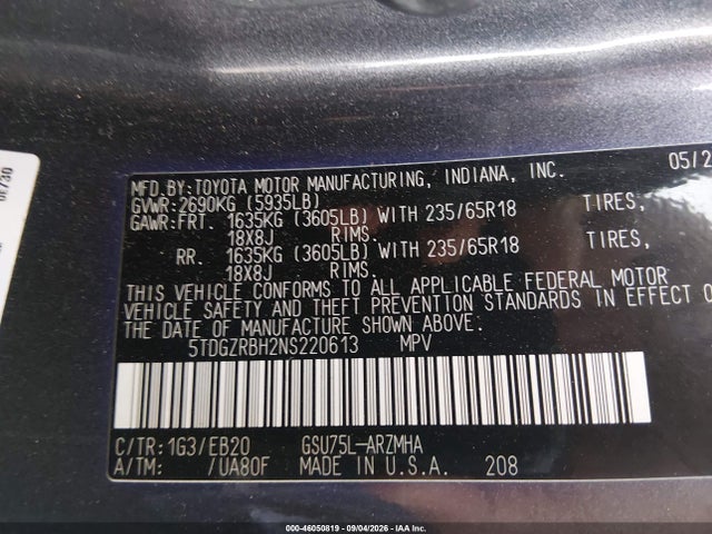 46050819 :رقم المزاد ، 5TDGZRBH2NS220613 vin ، 2022 Toyota Highlander Xle مزاد بيع