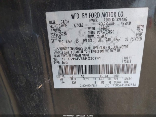 Продаж на аукціоні авто 2006 Ford F-150 Fx4/lariat/xlt, vin: 1FTPW14V56KD30741, номер лоту: 46050823