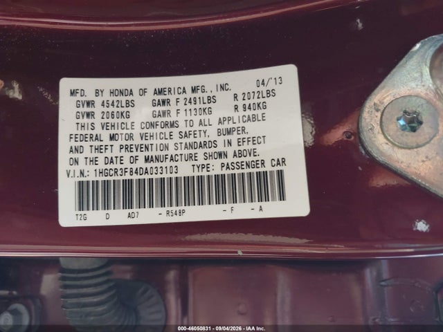 46050831 :رقم المزاد ، 1HGCR3F84DA033103 vin ، 2013 Honda Accord Ex-l V-6 مزاد بيع