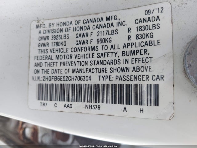 2012 Honda Civic Si მანქანა იყიდება აუქციონზე, vin: 2HGFB6E52CH706304, აუქციონის ნომერი: 46050854