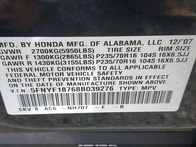 Продажа на аукционе авто 2008 Honda Pilot Ex-l, vin: 5FNYF18768B039276, номер лота: 46050862