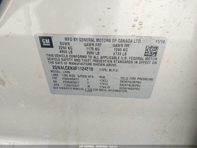 2015 Chevrolet Equinox 2lt მანქანა იყიდება აუქციონზე, vin: 2GNALCEK8F1124318, აუქციონის ნომერი: 46050866