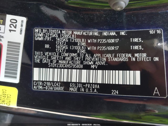 Aukcja sprzedaży 2017 Toyota Sienna Xle 8 Passenger, vin: 5TDYZ3DCXHS795808, numer aukcji: 46050879