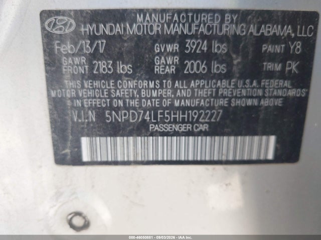 2017 Hyundai Elantra Se მანქანა იყიდება აუქციონზე, vin: 5NPD74LF5HH192227, აუქციონის ნომერი: 46050881