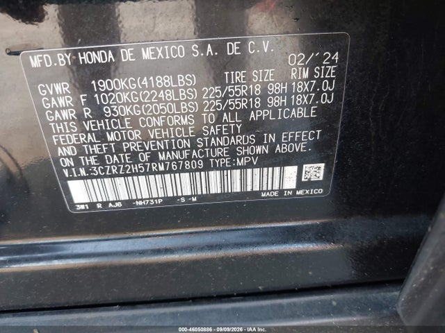 2024 Honda Hr-v Awd Sport/awd Sport W/o Bsi მანქანა იყიდება აუქციონზე, vin: 3CZRZ2H57RM767809, აუქციონის ნომერი: 46050886