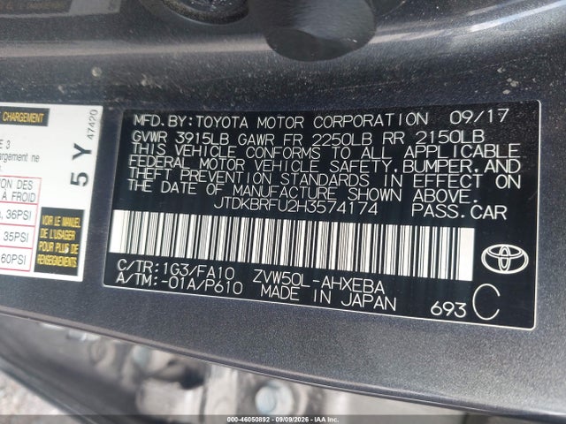 46050892 :رقم المزاد ، JTDKBRFU2H3574174 vin ، 2017 Toyota Prius Two مزاد بيع