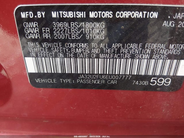 46050897 :رقم المزاد ، JA32U2FU6EU007777 vin ، 2014 Mitsubishi Lancer Es مزاد بيع