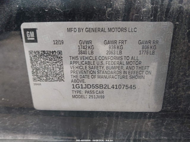Продажа на аукционе авто 2020 Chevrolet Sonic Fwd  Lt, vin: 1G1JD5SB2L4107545, номер лота: 46050899