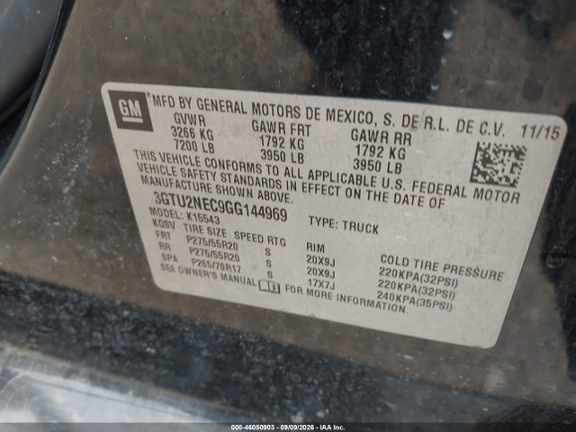 Aukcja sprzedaży 2016 Gmc Sierra 1500 Slt, vin: 3GTU2NEC9GG144969, numer aukcji: 46050903