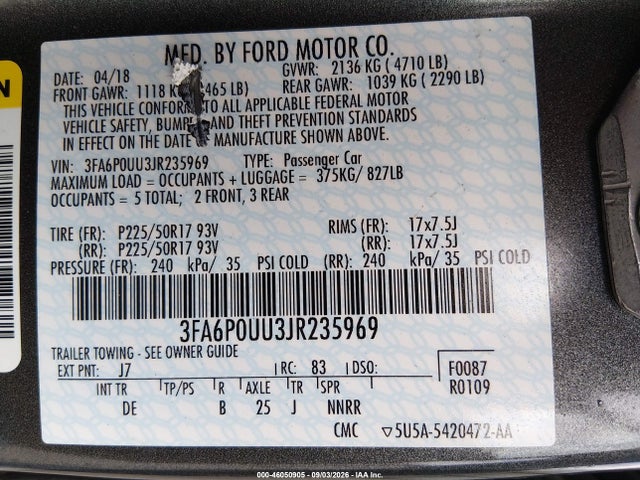46050905 :رقم المزاد ، 3FA6P0UU3JR235969 vin ، 2018 Ford Fusion Hybrid S مزاد بيع