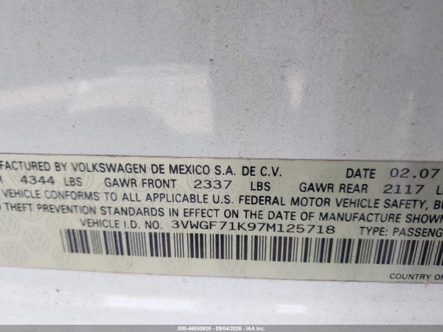 46050928 :رقم المزاد ، 3VWGF71K97M125718 vin ، 2007 Volkswagen Jetta مزاد بيع