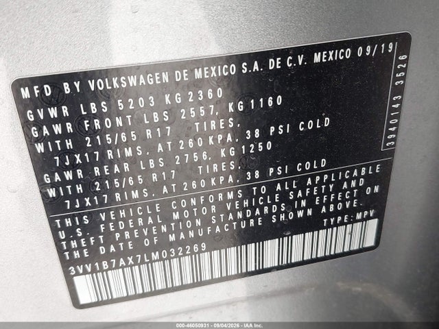 46050931 :رقم المزاد ، 3VV1B7AX7LM032269 vin ، 2020 Volkswagen Tiguan 2.0t S مزاد بيع