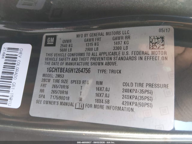 Aukcja sprzedaży 2017 Chevrolet Colorado Wt, vin: 1GCHTBEA6H1264756, numer aukcji: 46050937