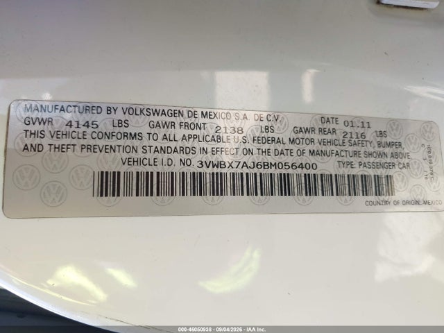 46050938 :رقم المزاد ، 3VWBX7AJ6BM056400 vin ، 2011 Volkswagen Jetta 2.5l Se مزاد بيع