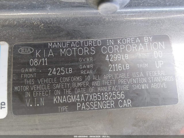 Продажа на аукционе авто 2011 Kia Optima Lx, vin: KNAGM4A7XB5182556, номер лота: 46050948