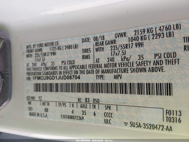 46050950 :رقم المزاد ، 1FMCU9GD1JUD08704 vin ، 2018 Ford Escape Se مزاد بيع