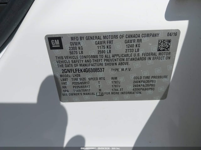 Aukcja sprzedaży 2016 Chevrolet Equinox Lt, vin: 2GNFLFEK4G6308537, numer aukcji: 46050951
