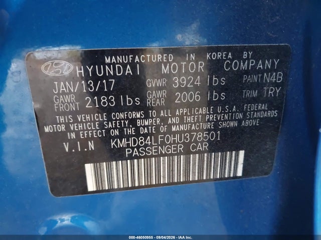 Aukcja sprzedaży 2017 Hyundai Elantra Value Edition, vin: KMHD84LF0HU378501, numer aukcji: 46050955
