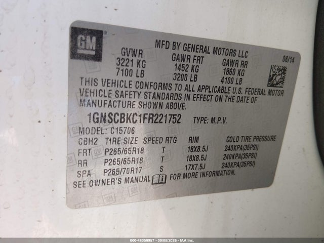 Aukcja sprzedaży 2015 Chevrolet Tahoe Lt, vin: 1GNSCBKC1FR221752, numer aukcji: 46050957