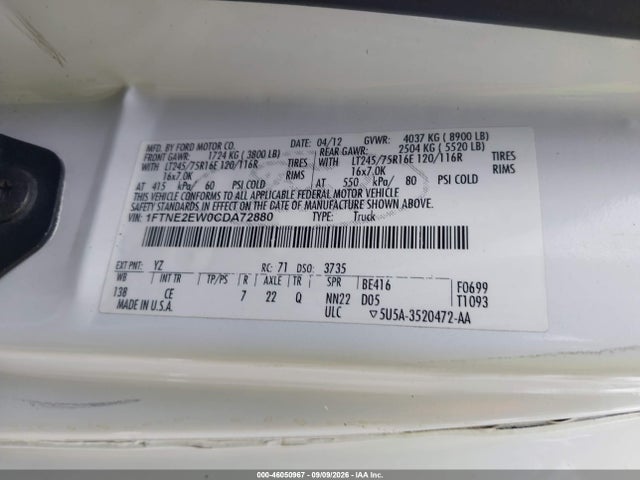 46050967 :رقم المزاد ، 1FTNE2EW0CDA72880 vin ، 2012 Ford E-250 Commercial مزاد بيع