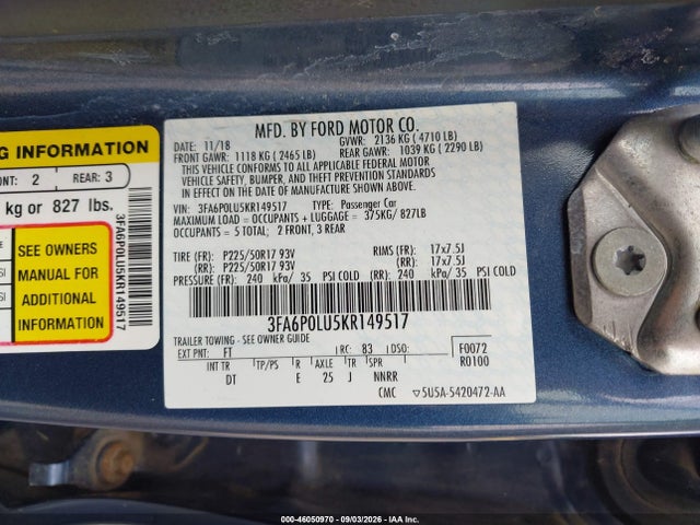 46050970 :رقم المزاد ، 3FA6P0LU5KR149517 vin ، 2019 Ford Fusion Hybrid Se مزاد بيع