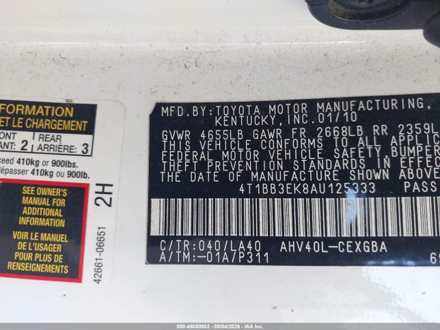 2010 Toyota Camry Hybrid მანქანა იყიდება აუქციონზე, vin: 4T1BB3EK8AU125333, აუქციონის ნომერი: 46050982