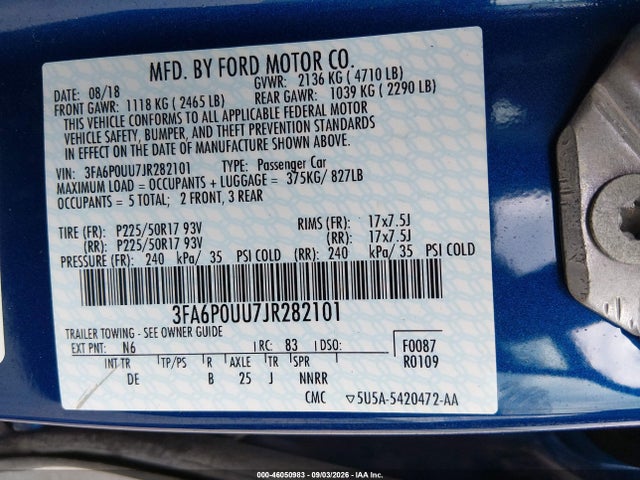 46050983 :رقم المزاد ، 3FA6P0UU7JR282101 vin ، 2018 Ford Fusion Hybrid S مزاد بيع
