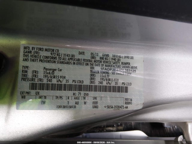 46050990 :رقم المزاد ، 1FADP3E23DL353125 vin ، 2013 Ford Focus S مزاد بيع