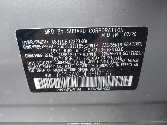2020 Subaru Forester Touring მანქანა იყიდება აუქციონზე, vin: JF2SKAXC0LH592175, აუქციონის ნომერი: 46050995