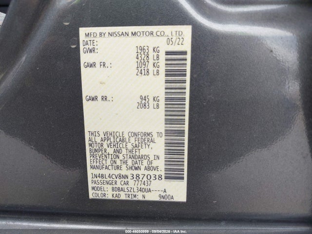 2022 Nissan Altima Sr Fwd მანქანა იყიდება აუქციონზე, vin: 1N4BL4CV8NN387038, აუქციონის ნომერი: 46050999
