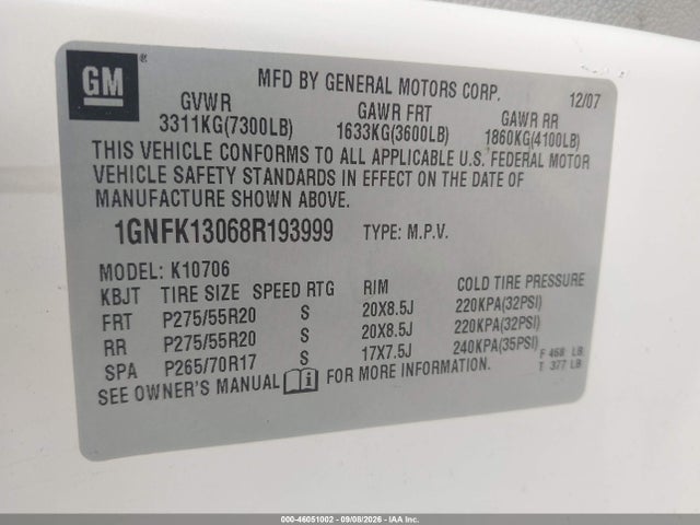 Продаж на аукціоні авто 2008 Chevrolet Tahoe Ltz, vin: 1GNFK13068R193999, номер лоту: 46051002