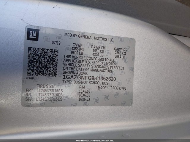 Aukcja sprzedaży 2019 Chevrolet Express 3500 Ls, vin: 1GAZGNFG9K1352620, numer aukcji: 46051012