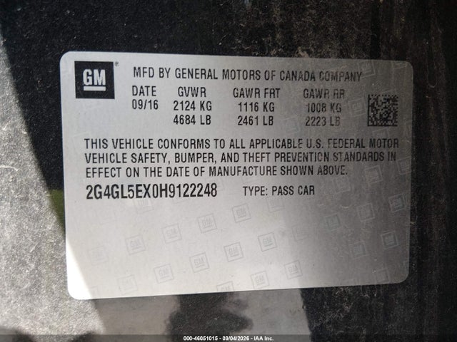 46051015 :رقم المزاد ، 2G4GL5EX0H9122248 vin ، 2017 Buick Regal Turbo Sport Touring مزاد بيع