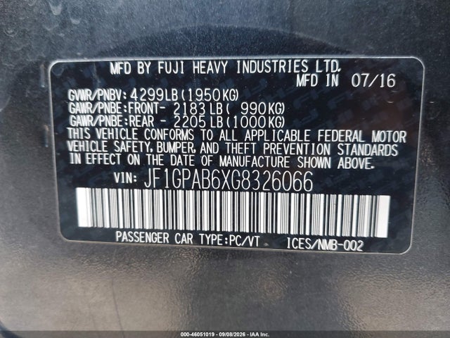 46051019 :رقم المزاد ، JF1GPAB6XG8326066 vin ، 2016 Subaru Impreza 2.0i Premium مزاد بيع