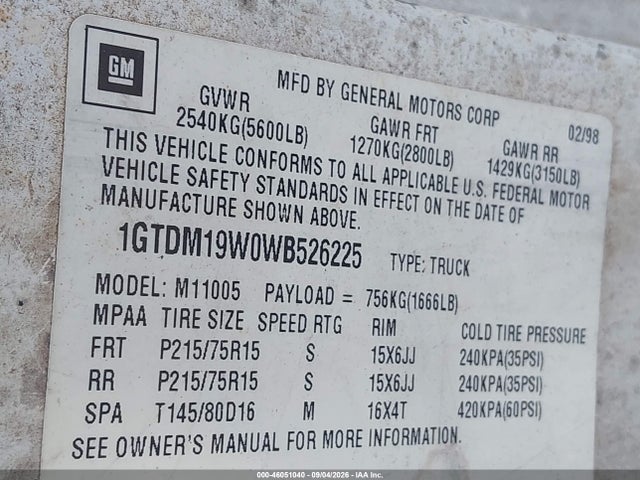 Aukcja sprzedaży 1998 Gmc Safari Standard, vin: 1GTDM19W0WB526225, numer aukcji: 46051040