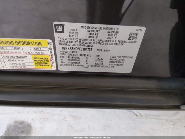 46051041 :رقم المزاد ، 1GNKRFKD5FJ104737 vin ، 2015 Chevrolet Traverse Ls مزاد بيع