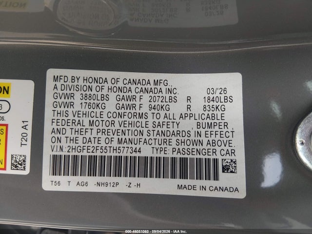 Продаж на аукціоні авто 2026 Honda Civic Sport, vin: 2HGFE2F55TH577344, номер лоту: 46051060