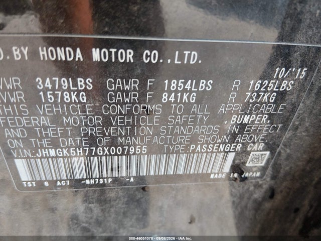 46051070 :رقم المزاد ، JHMGK5H77GX007955 vin ، 2016 Honda Fit Ex مزاد بيع